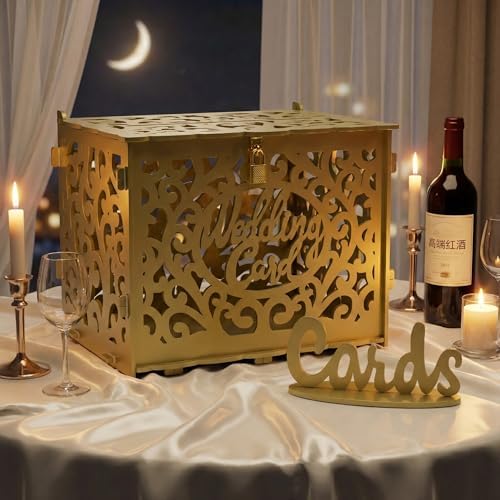 Jolik Wedding Card Box with Sign, Large Rustic Locking Money Box Holder for Wedding Reception, Gift Card & Envelope Storage, DIY Anniversary & Birthday Party Decoration (Gold)