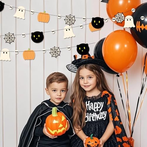 2pcs Halloween Party Banner, 9.84ft Pre-Strung Pumpkin Ghost Spiderweb Skull Black Cat Banner Hanging Summerween Garland Sign for Fall Halloween Boo Birthday Party Decorations