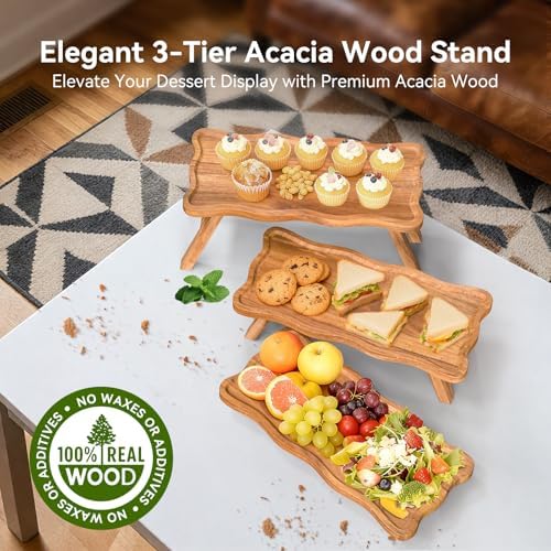 Acacia Wood 3 Tier Cupcake Stand, Serving Tray for Party, Foldable Dessert Table Display Set, Tiered Tray Decor for Party, Birthday, Wedding, Christmas