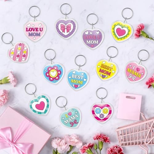 BeYumi Mother's Day Keychains Craft - 24Pcs Color Your Own Acrylic Heart Keychain Bulk DIY Best Mom Key Ring Set for Kids Love U Mom Thankful Coloring Card School Classroom Party Favor Gifts Activity