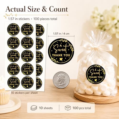 A Sweet Thank You Stickers, Black Gold Foil Favor Labels for Wedding, Baby Shower, Dessert Table, Small Business Packaging, Bakery Gift Wrapping & Party Supplies, 100PCS 1.6 Inch