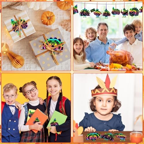 AUGSUN 96Pcs Turkey Scratch Art Paper Thanksgiving Fall Crafts for Kids