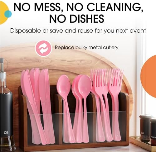 Party Solids Pink Plastic Silverware 150 Pcs Pink Cutlery Set