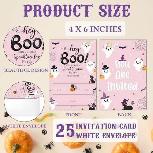 SIXEIGHT Pink Hey Boo Halloween Party Invitations, Cute Ghost Cat Halloween Invitations for Boys Girls, 25 Pack Pink Invite Cards with Envelopes, Wedding Birthday Baby Shower Party Decorations-E05