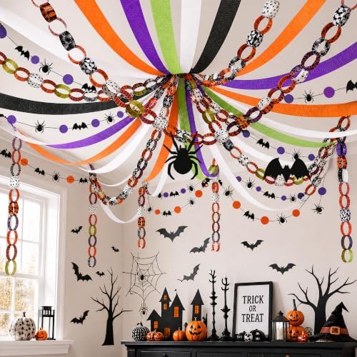700 Sheets Halloween Paper Chain Strips and 52ft Spider Bat Garlands Set