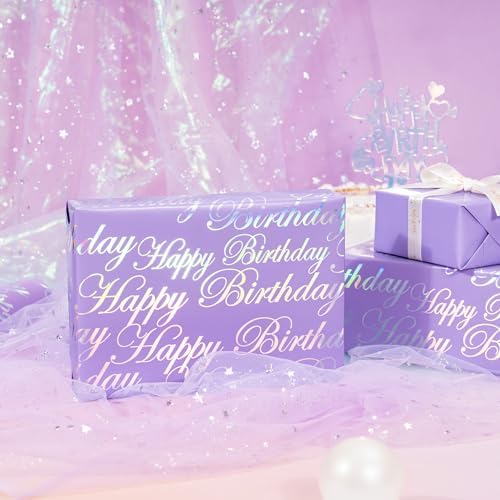 WRAPAHOLIC 30 Inch Reversible Birthday Wrapping Paper - 30 Inch x 33 Feet - Puprle and Silver Foil Happy Birthday Wrapping Paper for Girls, Women, Kids, Baby Shower