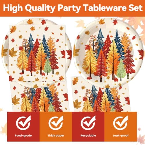 50Pcs Fall Plates and Napkins Party Supplies, Disposable Autumn Tree Paper Plates Napkins Tableware Set for Thanksgiving Theme Harvest Friendsgiving Party Decorations