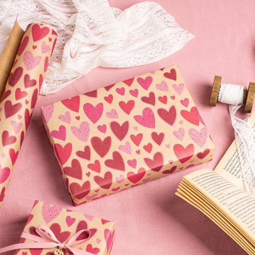 RUSPEPA Kraft Valentine’s Day Wrapping Paper Roll, Mini Roll, Red and Pink Heart Design, Romantic Gift Wrap Paper for Valentine's Day, Wedding, Anniversary, Birthday, 17 Inches x 16.4 Feet