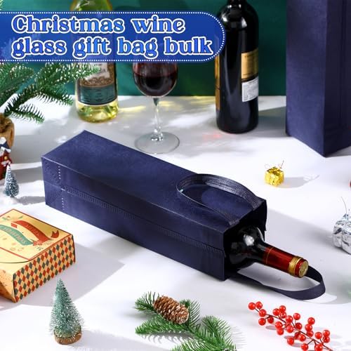 Windyun 200 Pcs Wine Gift Bags with Handle Reusable Small 13.8x3.5x3.9 Inches Liquor Bottle Totes Bulk for Birthday Wedding Christmas Holiday Party (Navy Blue)