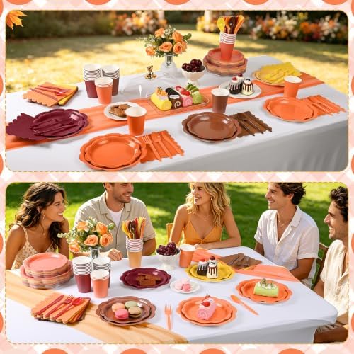 350 Pcs Orange Brown Fall Party Supplies - Red Orange Yellow Autumn Tableware set Include Gradient Scalloped Plate Napkin Cup & Cutlery for Thanksgiving, Fall Wedding, Harvest Party