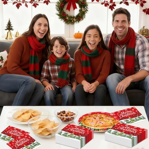 40 Pcs Merry Christmas Napkins - 13 Inch Christmas Cocktail Napkins Bulk, 3-Ply Red Disposable Xmas Tree Snowflakes Paper Hand Towels Tableware Set for Xmas Party Table Decorations Supplies Favors
