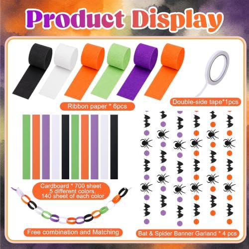 700 Sheets Halloween Paper Chain Strips and 52ft Spider Bat Garlands Set