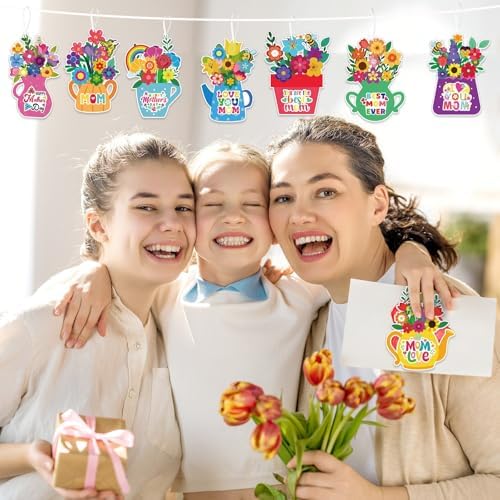 JUNEBRUSHS Mother's Day Card Craft Kit, 32 Floral DIY Craft with Stickers Mother's Day Hanging Ornament for Classrooms Office Festival Decor Gifts for Mom Ladies Grandma