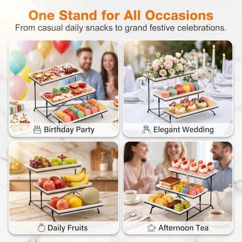 3 Tier Serving Tray, 12" White Plastic Tiered Food Serving Platters, Reusable Tray Stand Black Collapsible Metal Stand with Stable Cross Bars, Party Display Stands for Veggie Fruit, Dessert