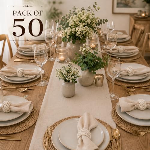 Artisan Handcrafted Cotton Napkin Rings Set of 50, Rustic Farmhouse Coastal Table Decor, Beach House Dining, Bohemian Linen Holder for Dinner Parties & Everyday Use (Off White) - ALPHA Living HOME