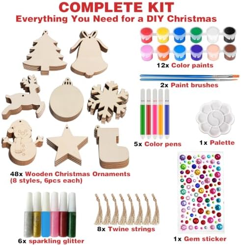 Christmas Ornaments Craft Kit, 48 Pcs Blank Wood Slices for Painting with Paint Pens and Brushes, DIY Wooden Christmas Ornament Set for Tree Decorations, Family Holiday Activities and Gifts