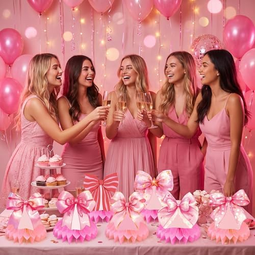 Pink Bow Honeycomb Centerpieces - Coquette Theme Party Table Decorations