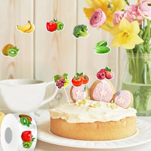 500PCS Fruit Stickers Rolls 8 Styles Fruits and Vegetables Sticker 1in Self-Adhesive Waterproof Vinyl Stickers Decor for Birthday Party Envelopes Scrapbook Decorations