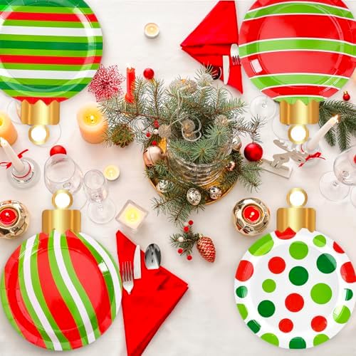 Whaline 60 Pcs Christmas Ball Paper Plates Dinner Plates 9 Inch Red Green Dots Stripe Christmas Ball Shape Disposable Plates for Xmas Winter Holiday Party Table Decor Supplies