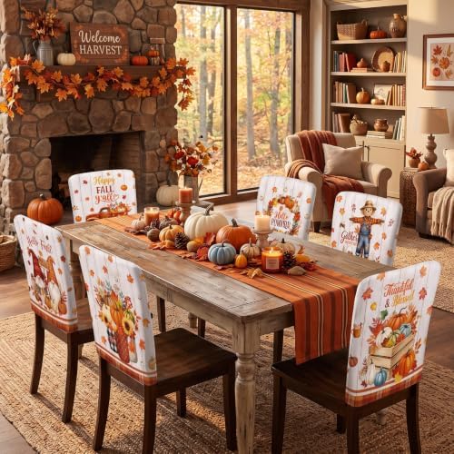 Moukeren Fall Chair Back Cover Set of 6 Thanksgiving Pumpkin Slipcovers Stretch Dining Chair Back Covers Farmhouse Removable Elastic Seat Protector for Home Harvest Party Kitchen Decor (Maple Leaf)