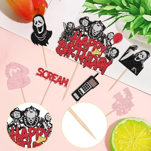 25 PCS Horror Movie Cupcake Toppers - Happy Birthday Cake Topper, Bloody Knife, Have a Killer Birthday Picks for Classic Movie Theme Halloween Party Cake Decorations Supplies