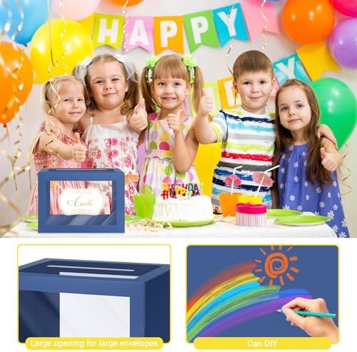 Navy Blue Gift Card Box for Party with 6 Cards, Clear Window