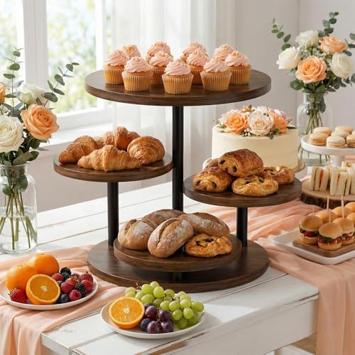 Cupcake Holder for 50 Cupcakes Wood Cake Stand with 4 Tiered Serving Tray 360°Rotating Dessert Stands Round Cookie Trays for Parties Wedding Baby Shower Afternoon Tea Dessert Table, Walnut