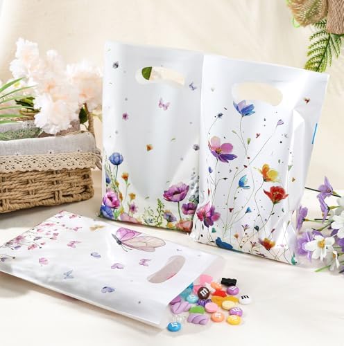Wildflower Gift Bags, 100 Pcs Wildflower Party Favor Bags with Handles, Plastic Floral Goodie Candy Cookie Treat Bag for Wildflower Baby Shower Decorations Birthday Spring Party Favors Supplies