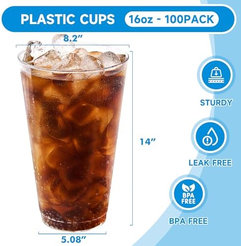 RACETOP 16 oz 100 Pack Disposable Plastic Cups, Disposable Clear Plastic Cups for Parties, Weddings, Gatherings, and Festival Events