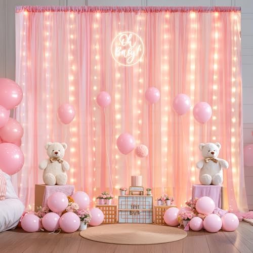 10ft x 10ft Baby Pink Backdrop Curtain with Lights String for Parties,2 Panels Sheer Tulle Curtain Wedding Photo Backdrop with Lights for Baby Shower Birthday Party Ceremony Home Decorations