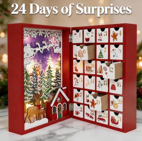 Lighted Wooden Christmas Advent Calendar Book, 24 Drawers