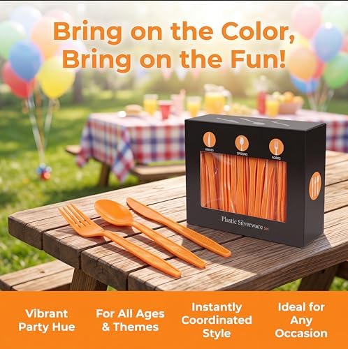 360Pcs Orange Plastic Silverware Set, Disposable Forks Spoons Knives