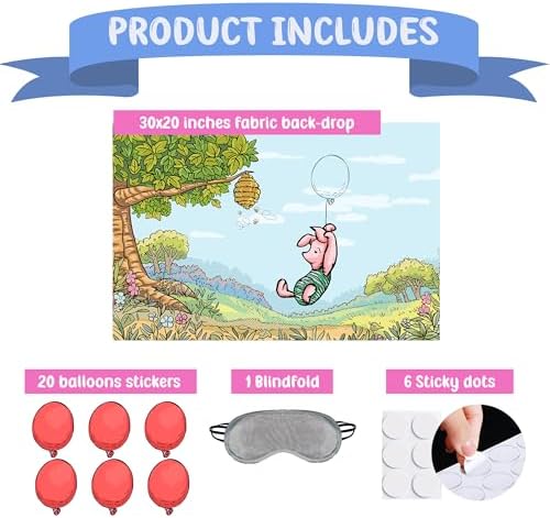 Winnie Help Piglet Fly Fun Party Game for Pooh Baby Shower Birthday Decorations, Pin The Balloon on Piglet Poster with 20 Balloon Stickers and Blind Fold.