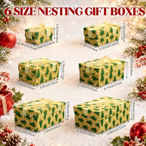 Cholemy 6 Pcs Christmas Nesting Gift Box, Green Pine Tree, Gold