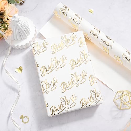 RUSPEPA Wedding Wrapping Paper Roll, Mini Roll, Gold Foil Bride to Be Text and Heart Design, Elegant Gift Wrap Paper for Bridal Shower, Bachelorette Party, Wedding Gift, 17 Inches x 16.4 Feet