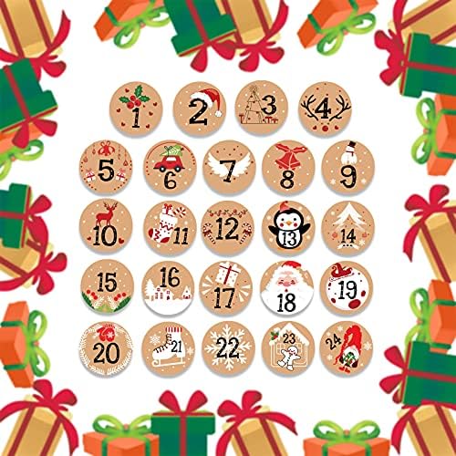 HOWAF 192pcs Christmas Advent Stickers 1-24 Christmas Number Stickers Round Kraft Xmas Countdown Sticker DIY Advent Calendar Sticker Gift Sealing Labels Xmas Party Supplies, 8 Sheets, 4cm