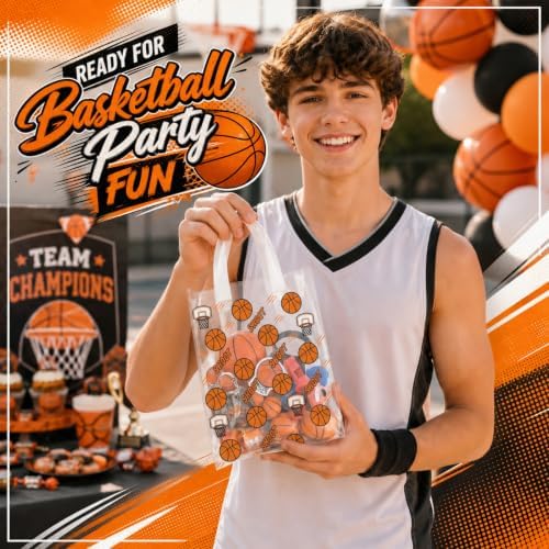 Pajean 24 Pcs Basketball Party Favors Plastic Gift Bags with Handles, 5.9 x 8.7 x 3.1 Inch Basketball Birthday PE Treat Bags, Sport Goody Bag for Classroom Exchange, Sports Event Supplies Decoration