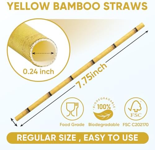 100 Count Yellow Bamboo Print Eco-friendly Paper Straws – 7.75 inch Disposable Straws for Drinking, Cocktails, Smoothie, Crafts, Picnics, Decorations