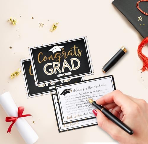 Gift Boutique 50 Graduation Advice Cards Double Sided with Table Sign Black and Gold Grad Party Guest Book Alternative