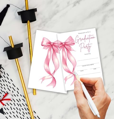 ZIIUFRN Graduation Party Invitations 2025, Pink Bow Graduation Invite Cards,2025 Graduation Announcements Party Invite Card, Grad Celebration Party Supplies, 25 Invites With Envelopes (4"X6") -B02