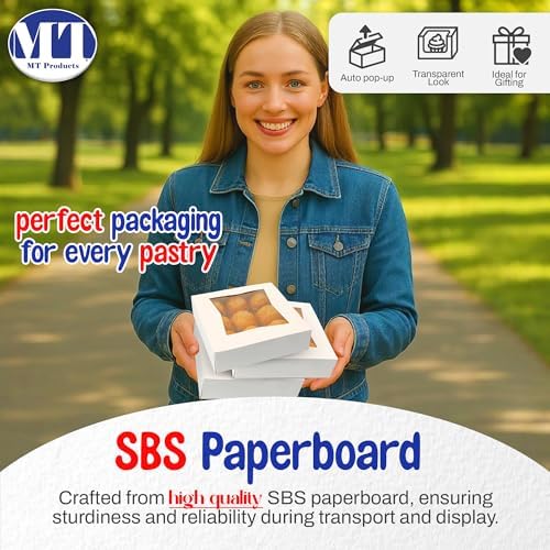 MT Products White Cookie Boxes - Size of 8" X 8" X 2.5" - (200 Pieces) Auto Pop-Up Bakery Boxes with Window - Made in the USA
