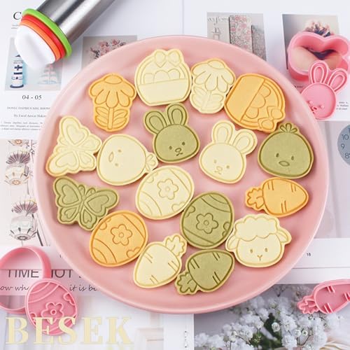 BESEK Easter Cookie Cutters Set: 8 Pcs Embossing Cookie Cutter for Biscuit Fondant Cheese Baking, Easter-Theme patterns