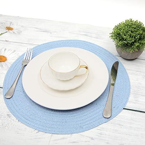 SHACOS Round Braided Placemats Set of 8 Washable 15 inch Round Non Slip Table Place Mats for Dining Tables Wedding Party Decor (Light Blue, 8)