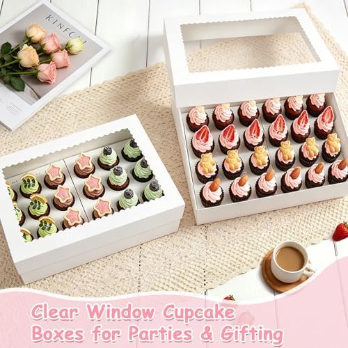 2 Pack White Cupcake Boxes with Cake Boards for 24 MINI Cupcakes, Food Grade Dessert Muffins Box Cupcake Carrier Containers with Window and Inserts for Birthday Holiday Party Bakery Supplies