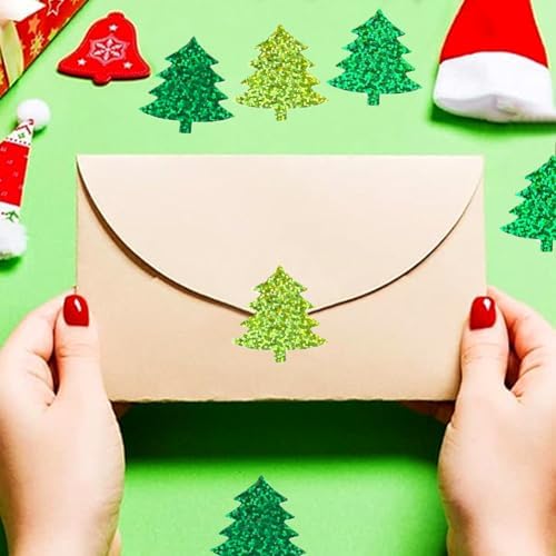 500Pcs Christmas Tree Stickers Roll 1.2in Laser Green Pine Tree Seal Stickers Xmas Waterproof Self-Adhesive Decals for Envelope Journal Decor Gifts Decor