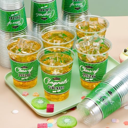 JOYIN 100 Pcs 16oz Graduation Party Plastic Cups (Green), PET Cup Tableware Bulk for Class of 2026 Graduates, Disposable Cups for 2026 High School College Graduation School Festivities Party Supplies