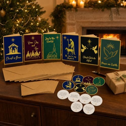 Religious Christmas Cards, 18 Folded 5x7 Glitter Cards with Envelopes
