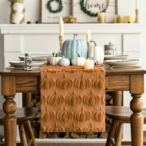 Artoid Mode Caramel Soft Faux Fur Pumpkins Fall Table Runner 13x36 Inch
