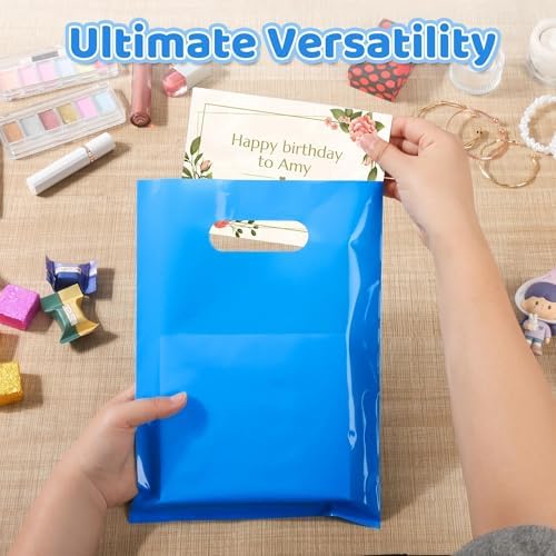 VieFantaisie 50 PCS Blue Party Favor Bags, 8" x 11" Goodie Bags for Candy Treat Craft Easter Egg, Plastic Gift Bag with Die Cut Handles for Birthday Party, School Events & Small Business, Wedding