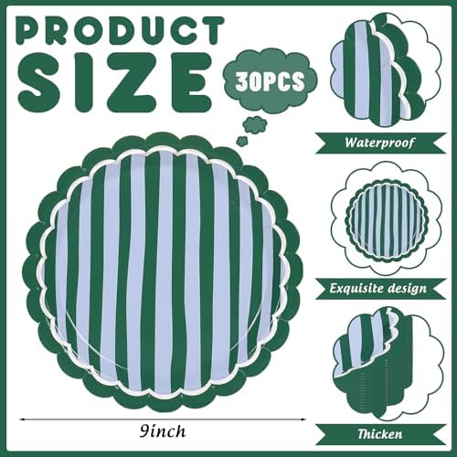 JarThenaAMCS 30Pcs Stripe Paper Plates 9 Inch Blue Green Striped Disposable Plate Scalloped Dessert Plate for Summer Birthday Baby Shower Ocean Party Table Decor